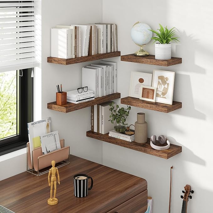 Acovy 55 Inch Floating Shelves, 8 Inch Deep Floating Shelves for Wall, Hanging Shelf with Invisible Brackets, Deep Shelves for Bathroom, Bedroom, Living Room, Brown, Set of 2