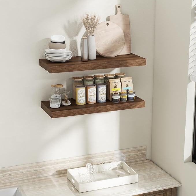 32 Inch Walnut Floating Shelves for Wall, 12 Inch Deep Shelves for Bathroom|Kitchen|Bedroom, Wall Mounted Rustic Wood Floating Shelf with Invisible Brackets for Books|Storage|Decor, 2 Pack