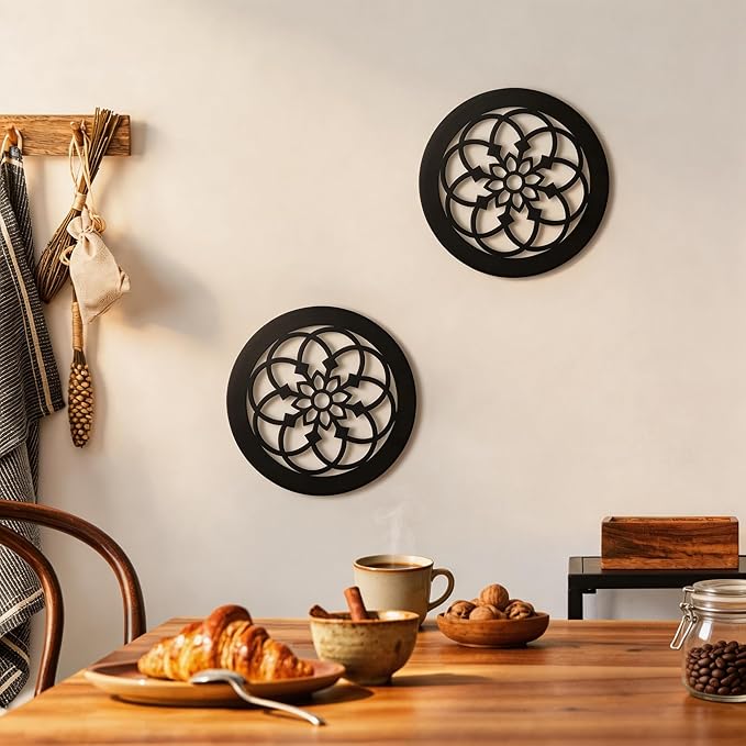 Set of 2 Boho Round Wall Mirror - Circle Matte White Metal Shatterproof Hanging for Wall Decor, Modern Farmhouse & Rustic Vintage Accent for Living Room, Dining Room, Bathroom & Entryway