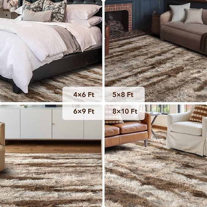 FinRèc 6x9 Brown Rugs for Living Room Bedroom, Fluffy Shaggy Area Rug, Non-Slip Soft Shag Rug for Nursery Kids Room Dorm Room Home Decor, Indoor Plush Floor Carpet