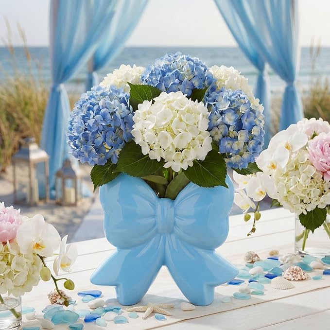 Jingmore Bow Vase Coquette Ceramic Vase Pen Holder Makeup Brush Holder Contemporary Design Decorative Women Gift for Christmas Home Office Shelf Table Room(Blue,Small,Classic)