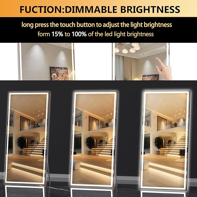Hasipu Full Length Mirror with Lights, 79" x 36" LED Lighted Floor Standing, Full Body Dressing Hanging Mounted Mirror, Tempered Glass, Square Black
