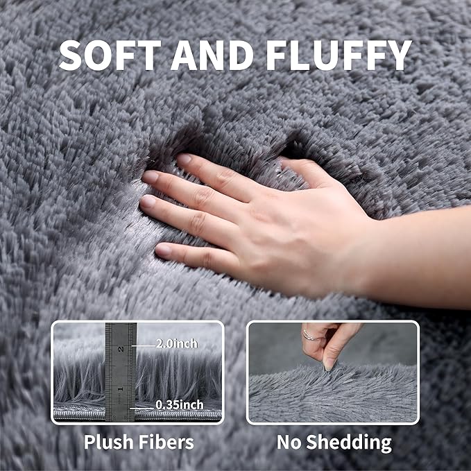 KICHOWUA 6x9 Grey Fluffy Shag Rug for Bedroom Soft Plush Fuzzy Washable Carpet for Living Room, Modern Comfy Shaggy Non Slip Floor Large Area Rugs for Kids Baby Nursery College Dorm Room, Gray