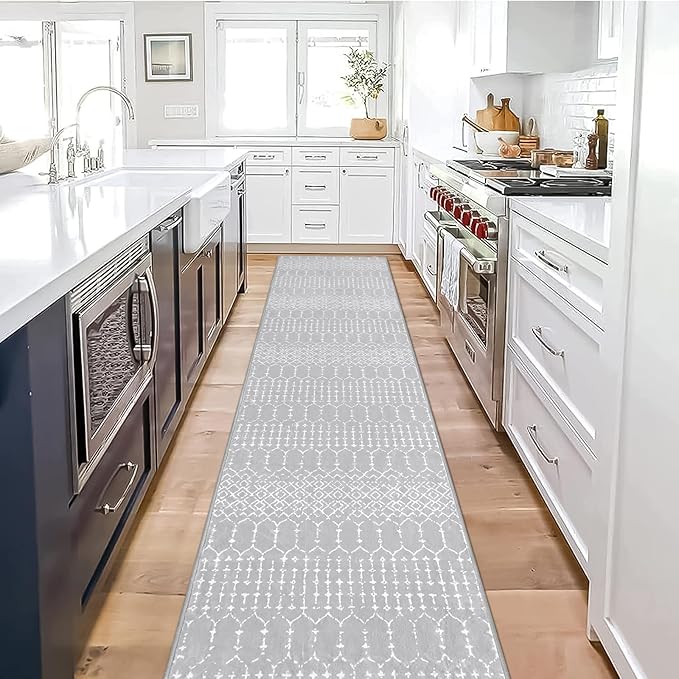 Lahome Moroccan Washable Rug Runner 2x10 Non-Slip Runner Rug for Kitchen Stain Resistant Grey Carpet Runners for Hallway 10Ft, Modern Geometric Print Soft Floor Carpet for Bathroom Entryway Foyer Hana