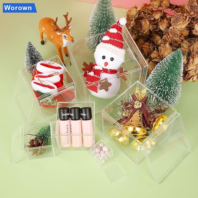 Worown 6 Pcs Acrylic Cube Box with Lid, Clear cube Candy Storage Container, Acrylic Square Cube Boxes for Figures, Cosmetics, Jewelry, Collections (Size 1.3", 2.2", 3", 3.3", 4", 4.7")