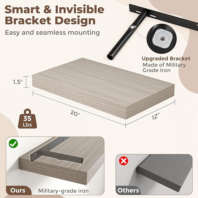 12 Inch Deep Floating Shelves for Wall, 20 x 12 Rustic Wood Grain Bathroom Shelves with Invisible Brackets, Easy Install Wood Storage Shelves for Kitchen, Living Room, Bedroom, Grey, Set of 2