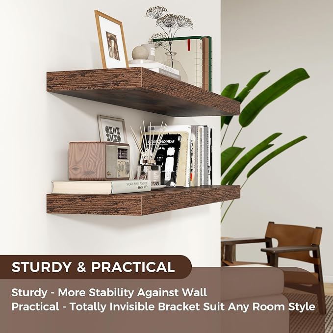 Venusmiles Floating Shelves for Wall, Engineered Wood Wall Shelves with Invisible Brackets for Living Room Bedroom Bathroom Office Kitchen Decor and Storage (Brown, 36" W x 9" D x 1.5" H) Set of 2