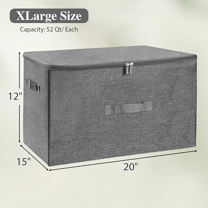 ANMINY 2PCS Storage Bins with Zipper Lids 51.9 Qt Lidded Fabric Storage Boxes Baskets Cubes with Handles Collapsible Washable Cotton Linen Closet Shelf Clothes Organizer - Gray, Extra Large