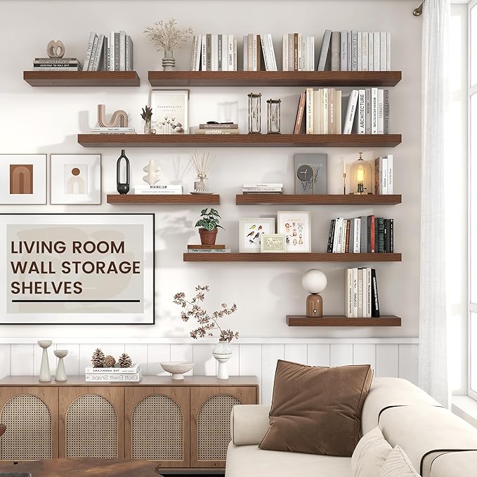 Venusmiles Floating Shelves for Wall, Engineered Wood Wall Shelves with Invisible Brackets for Living Room Bedroom Bathroom Office Kitchen Decor and Storage (Walnut, 48" W x 9" D x 1.5" H) Set of 2