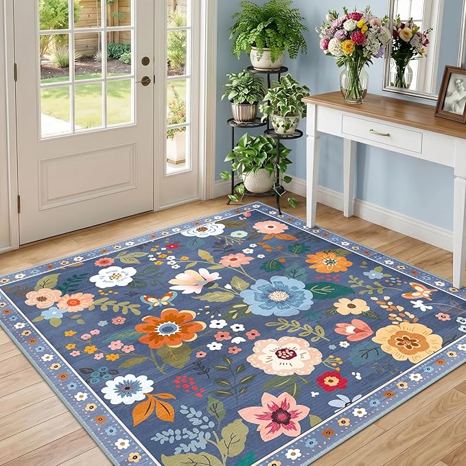RELEANY Floral Nursery Square 5ft Area Rugs Washable Print Boho Cute Carpet Non Slip Flower Low Pile for Living Room Kids Girls Playroom Bedroom Kitchen Office Farmhouse-Blue/Grey