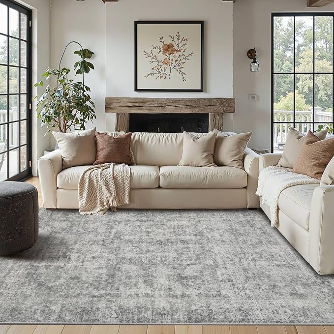 Rugxara 4x6 Area Rugs for Living Room Bedroom, Large Washable Rug, Grey Vintage Abstract Boho Rug, Non Slip & Low Pile Wool Carpet for Indoor Dining Room, Farmhouse, Kids Room and Office(Grey 4x6ft)