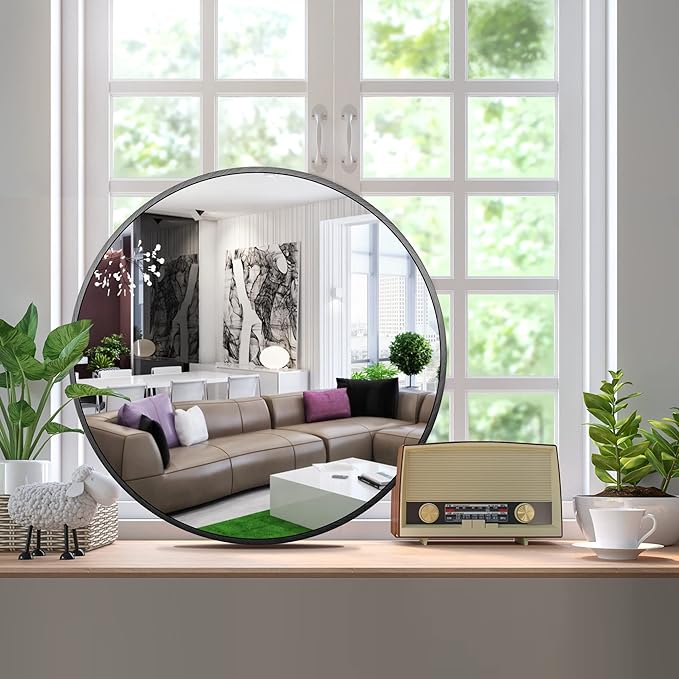 Itrue 12 Inch Small Round Decorative Wall Mirror, HD Silver-Coated Glass with Brushed Black Metal Frame, Minimalist Modern Accent Mirror for Vanity, Narrow Walls, Bathroom, Bedroom & Entryway