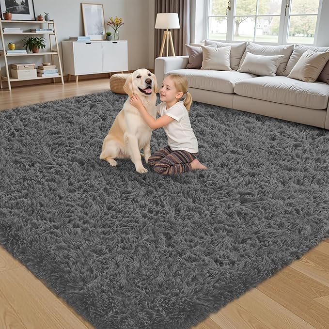 6x9 Area Rug for Living Room:Ultra Soft Fluffy Shag Dark Grey Rugs,Large Fuzzy Plush Indoor Non Slip Carpet Washable Rug for Bedroom Kids Nursery Office Dorm Modern Decor(Dark Grey 6'x9')