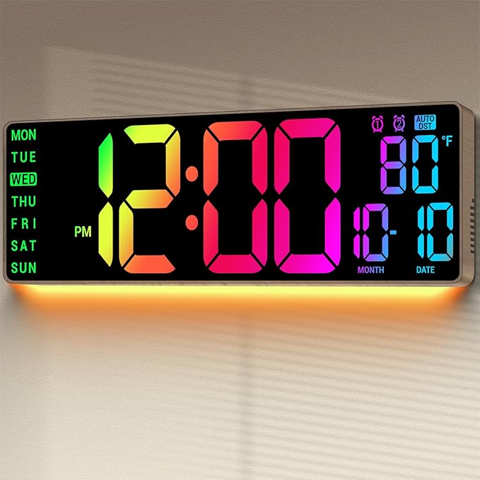 16.5" Large Digital Wall Clock: 11 RGB Color LED Display with Remote Control, Auto DST, Temperature & Date, Big Number Wall Clock for Seniors, Classroom, Office, Gym, Home Decor Brown