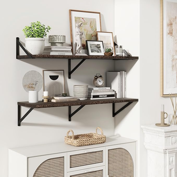 Marsmiles Deep Floating Shelves for Wall - 36 Inch Wide x 12 Inch Deep Wall Shelves Set of 2 - Rustic Wood Floating Shelves for Living Room Bedroom Bathroom