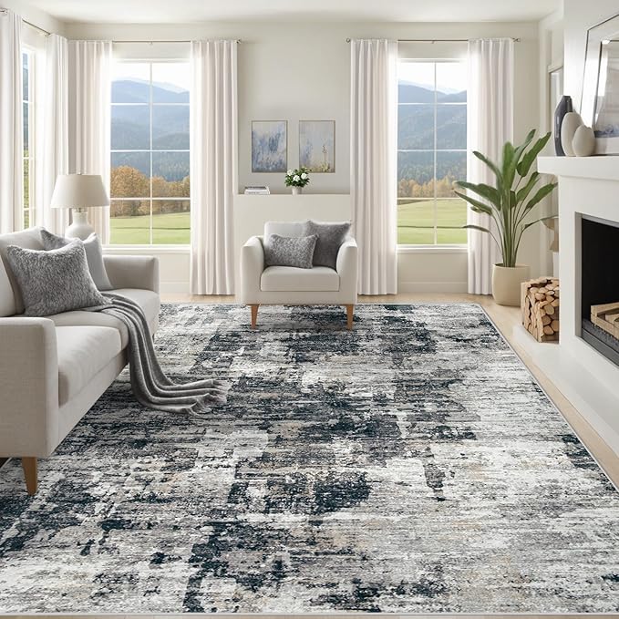 XLUEZ 10x14 Area Rugs for Living Room, Washable Modern Abstract Large Area Rug Neutral Soft Non Slip Kids Rug Stain Resistant Indoor Carpet for Bedroom Dining Room Playroom Office(BlackGrey, 10'x14')