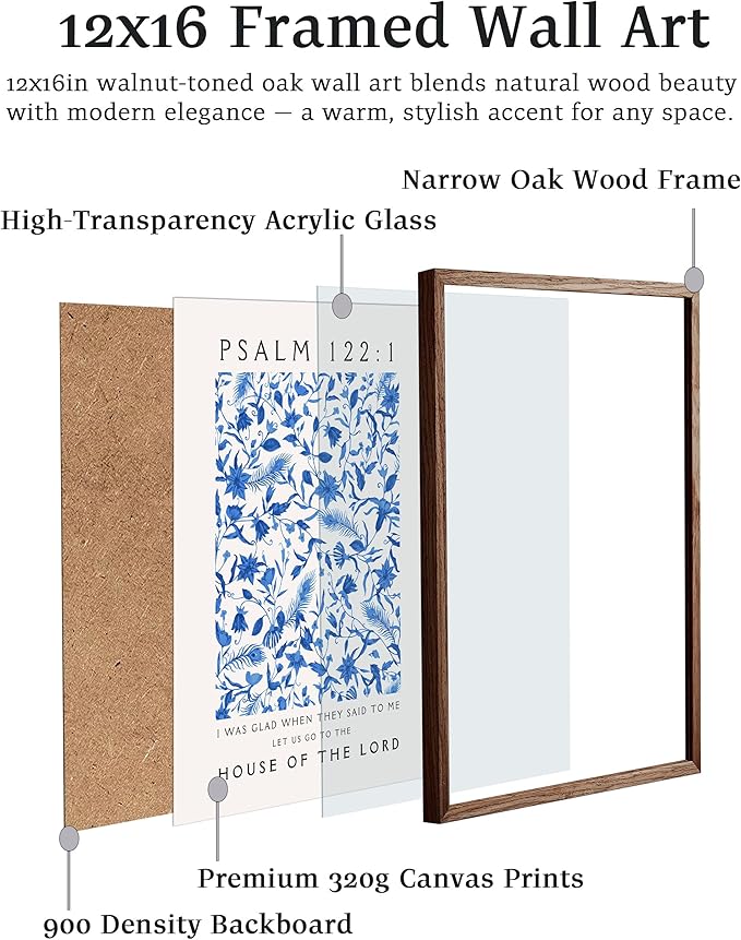 EcoHest Walnut Color OAK Wood Jesus Framed Wall Art, 12x16in Psalm 122:1 Bible Verse Christian Wall Art, Modern Blue Bedroom Decor For Living Room Bathroom Religious Gift 1Pack