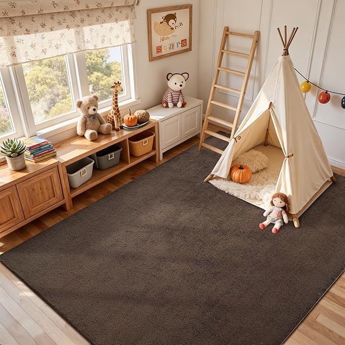FinRèc 6x9 Washable Area Rugs for Bedroom Living Room, Low Pile Thin Rug Solid Color, Non-Slip Carpet Indoor for Home Decor (Pure Brown)