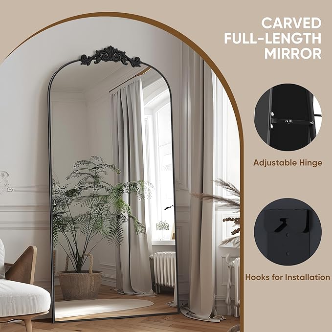 Antok Arched Full Length Mirror, 71"x28" Floor Mirror with Carved, Full Body Mirrors for HomeDecor, Standing/Halling Large Wall Mirror for Bedroom, Living Room, Cloakroom, Black, Retro Style