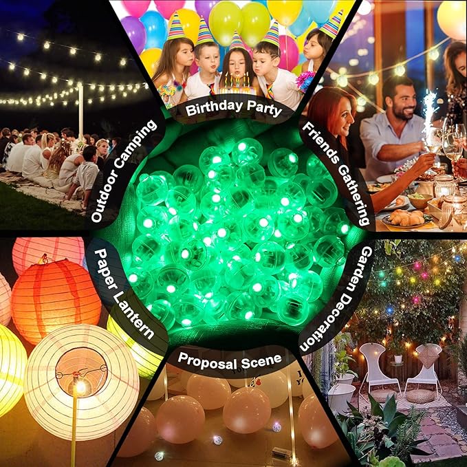 100pcs LED Green Balloon Lights, Round LED Mini Lights for Paper Lantern Balloon Birthday Party Event Indoor Outdoor Wedding Decoration Halloween Christmas Supplies