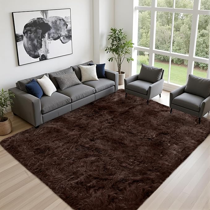 8x10 Area Rugs for Living Room Bedroom: Ultra Soft Fluffy Shag Rug Upgrade Non-Slip Non-Shedding Large Fuzzy Plush Carpet Indoor Floor Carpets for Kids Room Playroom Nursery Dorms Home Decor Brown