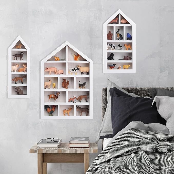 DoubleFill Set of 3 Wooden Trinket Display Shelf Shadow Box with Shelves 10 x 15 Inch Large Wall Mounted Display Storage Mini Figures Curio Trinket Medals Crafts Collections(White,House Shape)