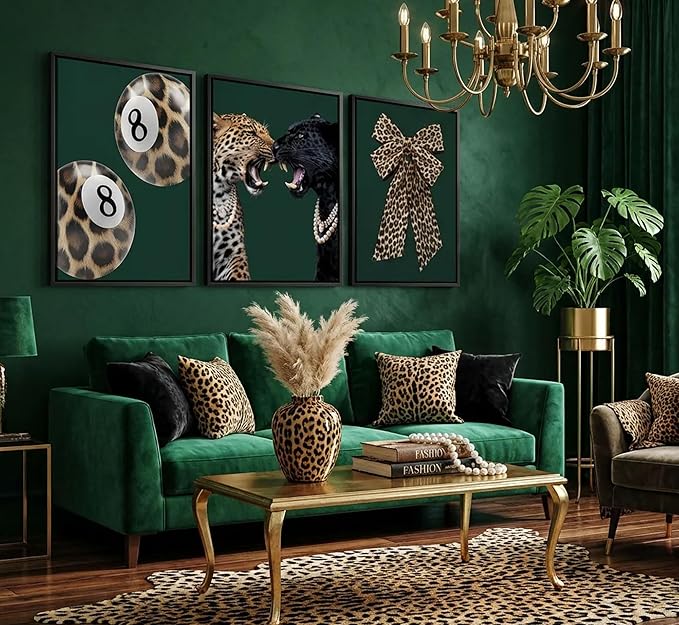 3Pcs Trendy Leopard Canvas Wall Art Funky Lucky 8 Ball Posters Prints Paintings Cheetah Bows Preppy Aesthetic Pictures Wall Decor for Bedroom Dorm Living Bathroom Decoration Unframed