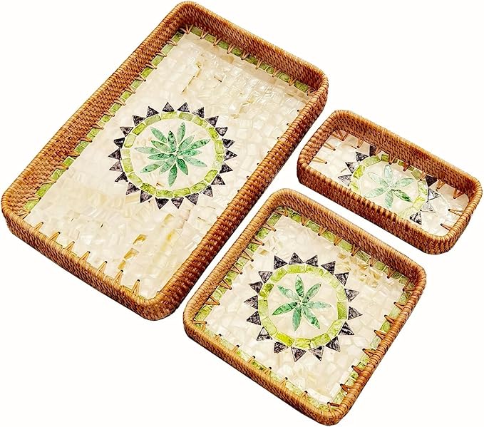 i-lan Set of 3 15" Rectangular Rattan and Mother of Pearl Serving Tray,Boho Rectangule Natural Rattan Woven Trays,Green Triangle Pattern Decorative for Entryway Kitchen Bathroom Counter