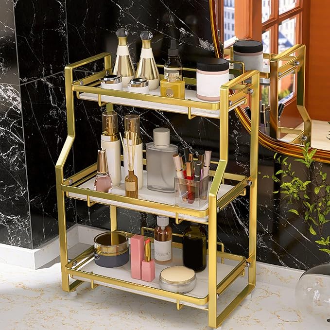 Bathroom Storage Shelf, Multi Fuctional Makeup Organizer, Wall Mounted Corner Organizer Standing Rack for Living Room Bedroom Kitchen (3 Tier)