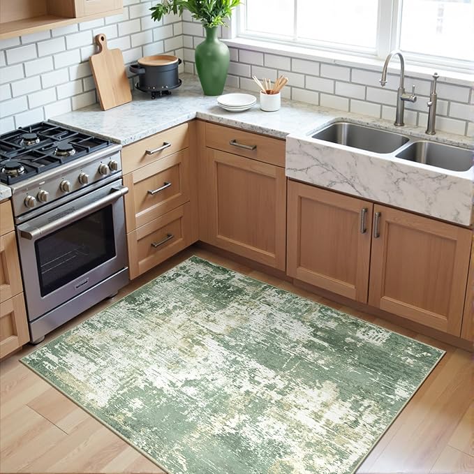 RELEANY Washable Area Rugs 3'x5' Non-Slip Modern Abstract Soft for Living Room Entryway Bedroom Nursery, Print Pattern, Light Green/Yellow