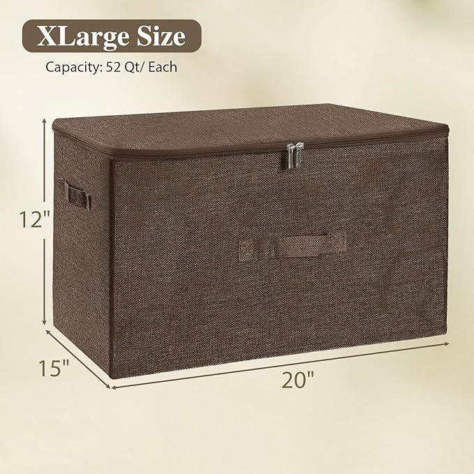 ANMINY Storage Bins with Zipper Lids 51.9 Qt Lidded Fabric Storage Boxes Baskets Cubes with Handles Collapsible Washable Cotton Linen Closet Shelf Clothes Organizer - Extra Large, Coffee