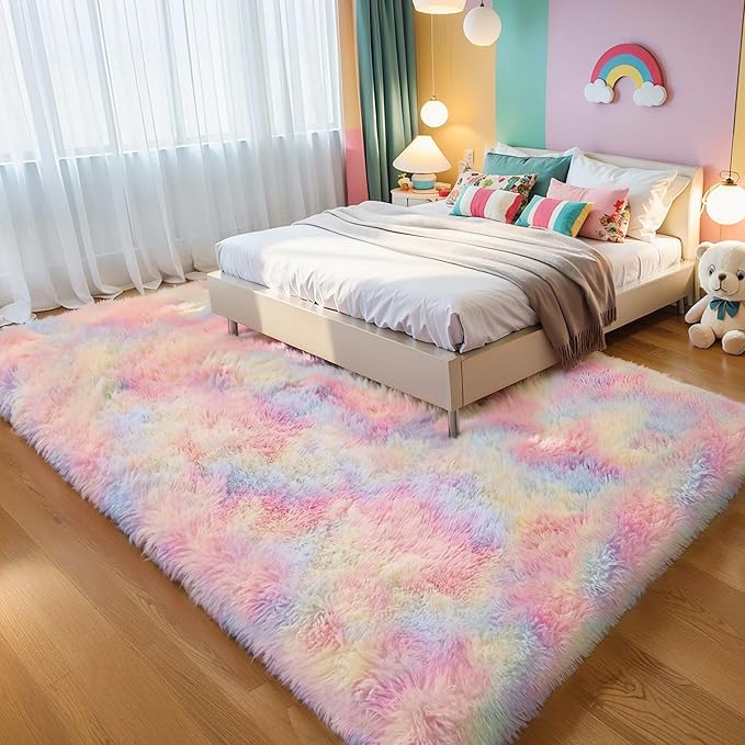 KICHOWUA Thick Area Rug 4x6 Fluffy Shag - Rainbow Unicorn Carpet for Girls Bedroom, Soft Plush Fuzzy Pastel, Thickened Washable Non-Slip Shaggy Rug for Kids, Nursery, Living Room, Baby, Dorm