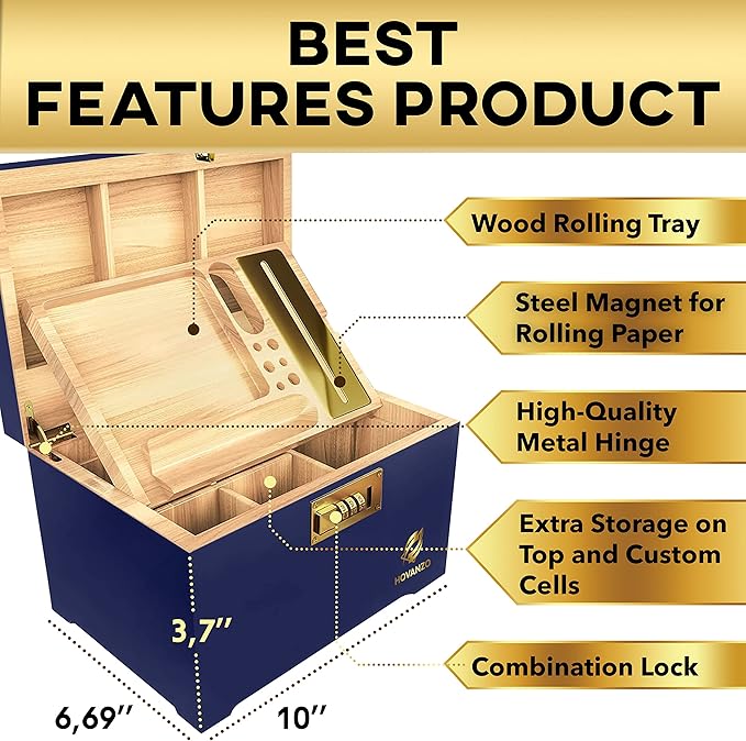 HOVANZO Premium Large Bamboo Storage Box with Removable Tray - Storage Wood Box for Herbs and Accessories - Storage Box Set with Combination Lock - Smell Proof Container with Accessories