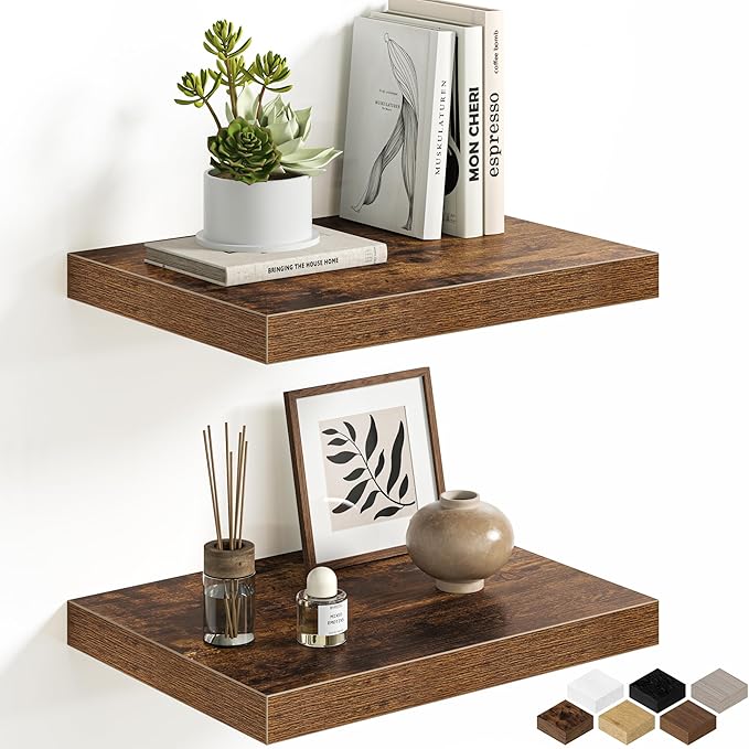 Floating Shelves for Wall, 16'' W x 12'' D Wall Mounted Rustic Wood Shelves for Bathroom, Bedroom, Living Room, Kitchen, Hanging Shelf for Storage/Room Decor with Heavy Duty Brackets, Brown, 2 Pack