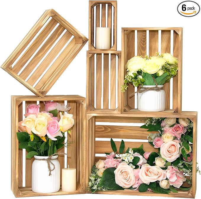 Extra Large 6 Pcs Decorative Wood Crates for Display, Farmhouse Wooden Basket for Storage Container and Decorations, Rustic Nesting Crates Decor Boxes with Handle