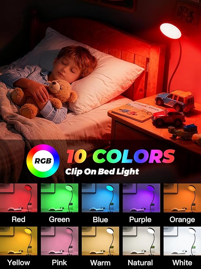 Clip on Light,10 Color RGB&Warm White Clip on Lamp + 10 Brightness Dimmable Desk Lamp, 500LM Bright Reading Light, Night Lamp, USB Adapter Desk Light for Bed/Headboard/Bedside