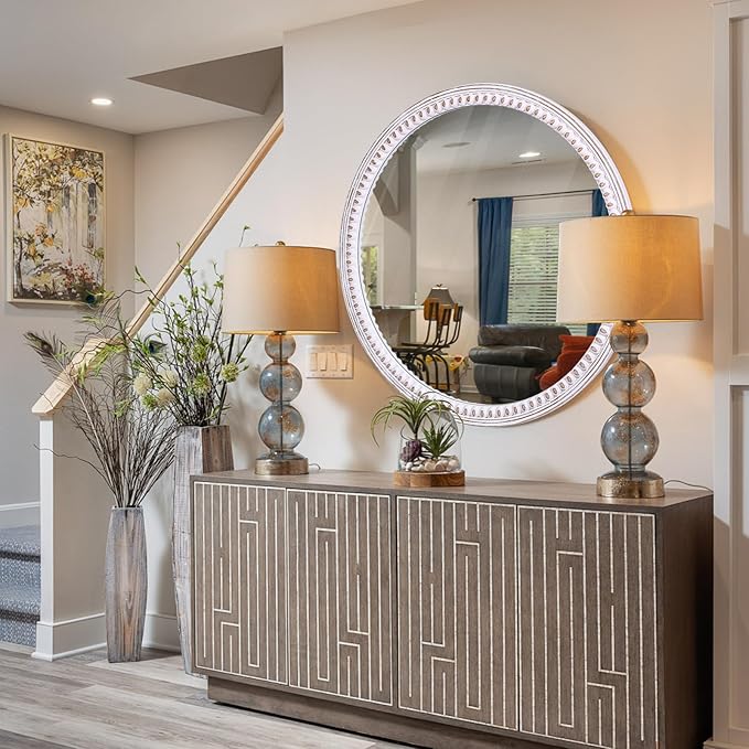 30 Inch Rustic Farmhouse Round Wood Wall Mirror, HD Decorative Circle Mirrors for Bathroom Over Sink, Entryway, Living Room& Bedroom