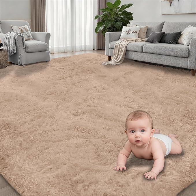 Fluffy 4x6 Area Rugs for Living Room Bedroom: Ultra Soft Shag Rug Non-Slip Non-Shedding Small Plush Bedside Rug Indoor Floor Carpets for Kids Room Playroom Entryway Nursery Dorms Home Decor Beige