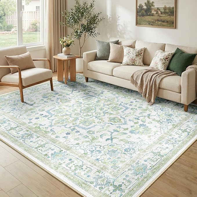 CAPALOCA Machine Washable Rugs Nursery Rug 4x6 Cute Girl Non Slip Low Pile Water Repellent Soft Print Pattern for Bedroom Indoor Decor Kids Playroom Green Blue