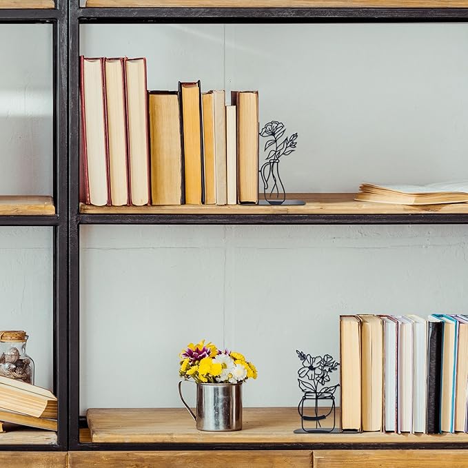 Metal Flower Book Ends, Cute Book Ends for Home Office Decor Decorative Book Ends for Shelves, Ideal Gift for Book Lovers(Black)