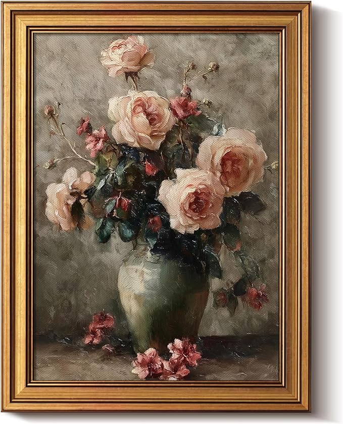 Bzstyleart Vintage Wall Art Decor for Living Room, Gold Framed Canvas Wall Art for Office, Flower Painting Framed Artwork, Canvas Print Painting for Bedroom Bathroom, Magnolia Flower 12L x 16W
