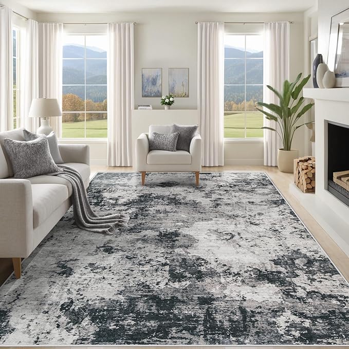 XLUEZ 9x12 Area Rug for Living Room, Washable Modern Abstract Large Area Rug Neutral Soft Non Slip Kids Rug Stain Resistant Indoor Carpet for Bedroom Dining Room Playroom Office(Black, 9'x12')