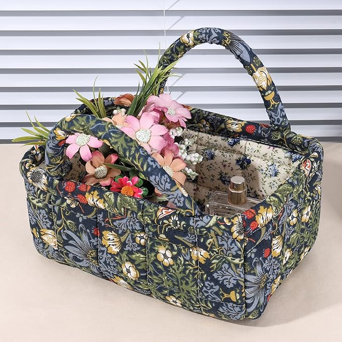 Small Storage Basket Organizer, Mini Quilted Fabric Basket with Handle, Collapsible Storage Bin for Socks, Keys, Diapers
