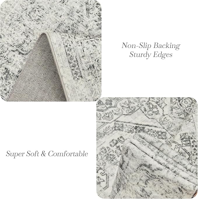 Soalmost 5x7 Area Rugs Grey Low Pile Indoor Washable Trendy Faded Style Floral Rugs for Bedroom Living Room Dining Room Foldable Non-Slip Thin Print Mat
