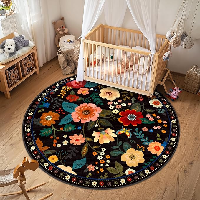 RELEANY Floral Nursery 6ft Area Rugs Washable Print Boho Cute Carpet Non Slip Flower Low Pile for Living Room Kids Girls Playroom Bedroom Kitchen Office Farmhouse-Black