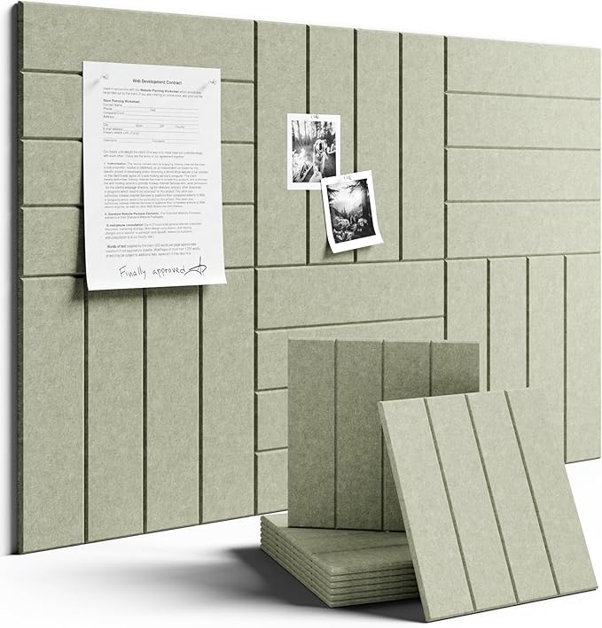 Fluxynara Felt Bulletin Board Tiles Large 36" x 24" Cork Board Alternative-6 Pack with 40 Adhesive Tabs, Thick Slat Wall Panels for Office Decor, Push Pin Board Wall Organizer Alternative - Sage Green