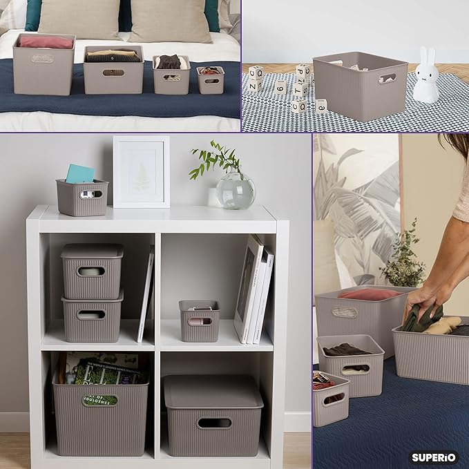 Superio Ribbed Collection - Decorative Plastic Basket Open Home Storage Bins Organizer, X-Large Taupe (4 Pack) Container Boxes for Organizing Closet Storage Bins for Shelves 22 Liter/23 Quart