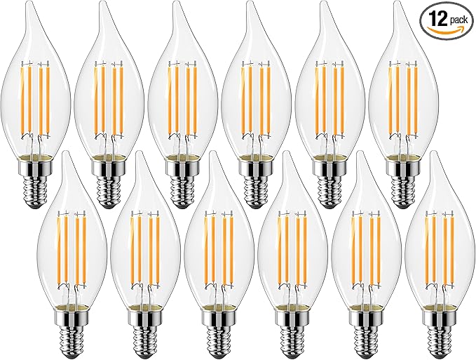CYLYT Dimmable E12 Candelabra LED Light Bulbs 60 watt Equivalent, 2700K Warm White Chandelier Candle Bulb, 6W 650 Lumen Decorative Flame Tip Clear Bulbs, 12-Pack