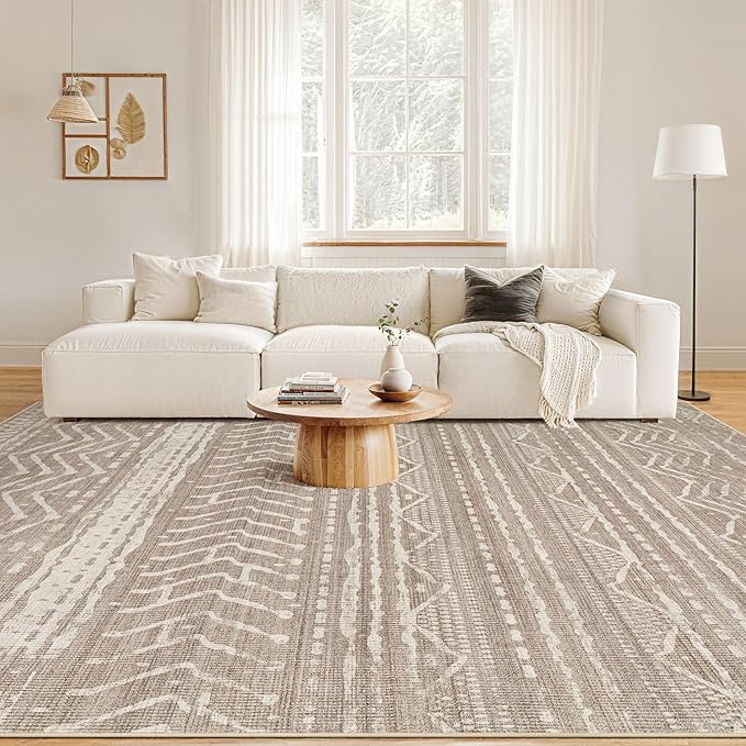 Nakagishi 8x11 Area Rugs Living Room: Washable Boho Large Neutral Soft Farmhouse Area Rugs Stain Resistant Modern Non-Slip Indoor Floor Carpet for Bedroom Nursery Kids Playroom Office-Dark Brown