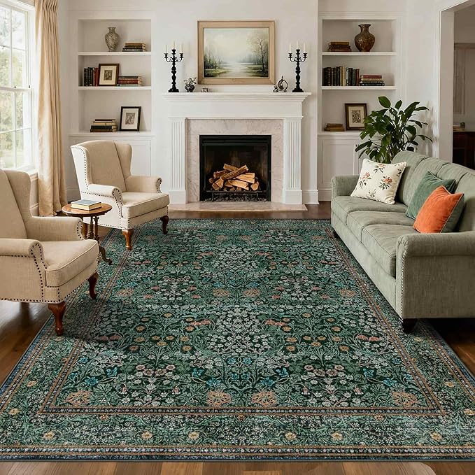 Rugxara 8x10 Area Rugs for Living Room, Large Washable Rug, Green Vintage Floral Boho Rug, Non Slip & Low Pile Faux Wool Thin Carpet for Indoor Dining Room and Bedroom(Dark Green 8x10ft)